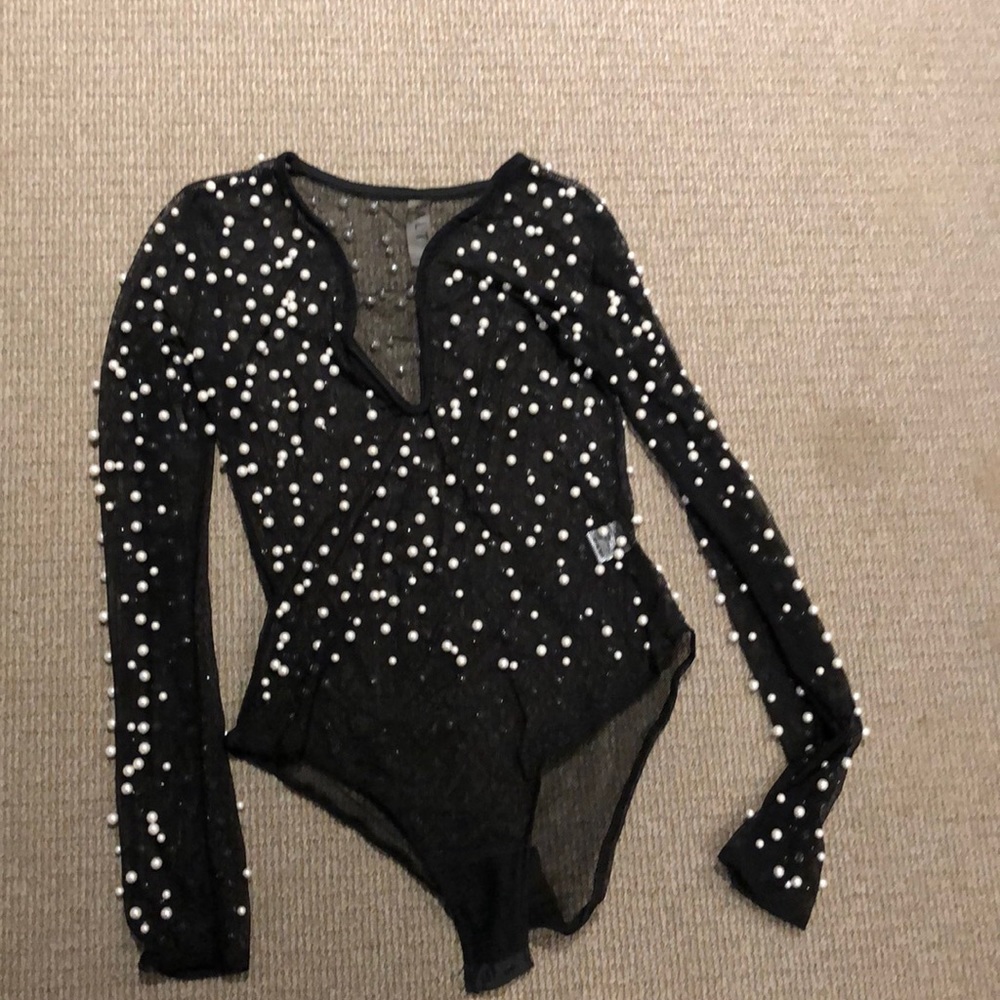 Black net and pearl bodysuit